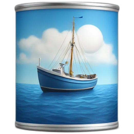 Realistic small can of tuna showing a sailling boat only blue colors emoji