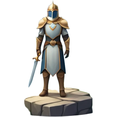 An icon featuring a hero with a closed visor, standing in a majestic, mystical landscape, inspired by RPGs like Elden Ring. The design includes a stunning, ethereal background with towering castles and distant mountains, symbolizing the adventure and mystery. Transparent background emoji
