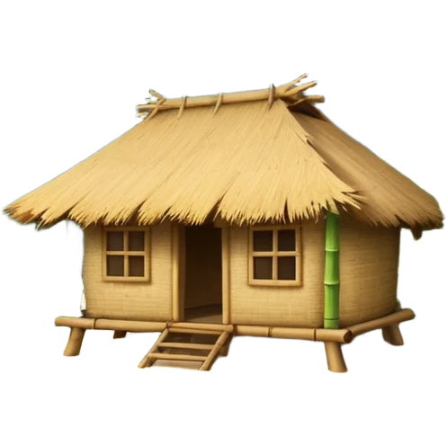 bamboo hut with volcano in the back in Volcano Island  emoji