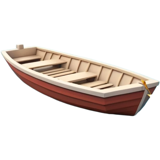 A 3D cartoon small boat floating on estuary water, with nearby reeds and horizon in view, bright lighting, Memoji-style. emoji