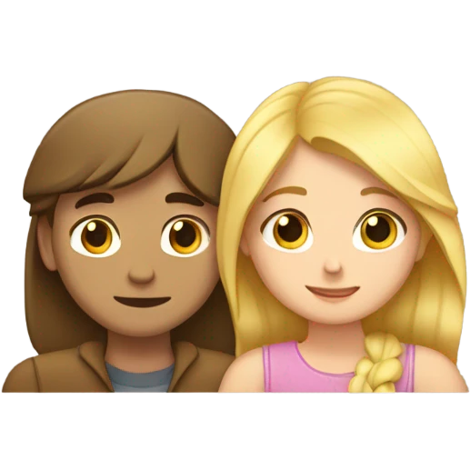 The girl hugs the guy. The girl has brown hair, and the guy has blonde hair. emoji