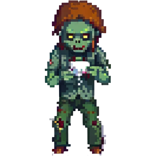 A zombie Leo  sniffing white powder with a background lab in the style of a pixel art emoji