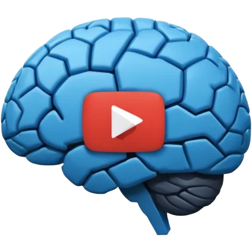 Minimalist flat icon design, brain silhouette with YouTube play button triangle integrated inside, clean vector style, single color or gradient, simple lines, professional logo style, white background, centered composition emoji