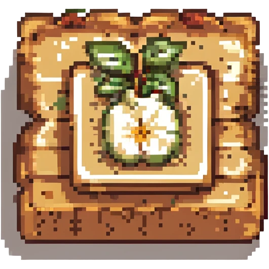 a slice of toast with apple slices on top, pixel art style emoji