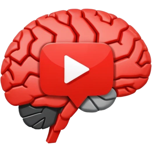 Minimalist flat icon design, brain silhouette with YouTube play button triangle integrated inside, clean vector style, single color or gradient, simple lines, professional logo style, white background, centered composition emoji