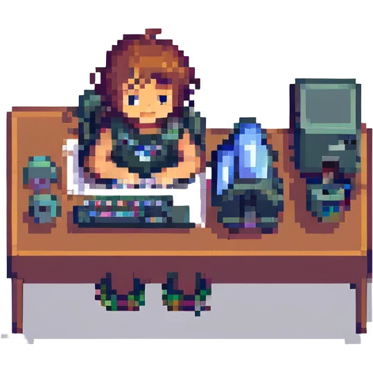 child programmer, pixel art style, sitting at a computer, retro atmosphere emoji