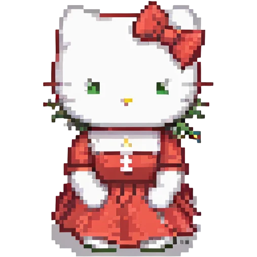Hello Kitty, sitting pose, red dress, classic look, minimal details emoji