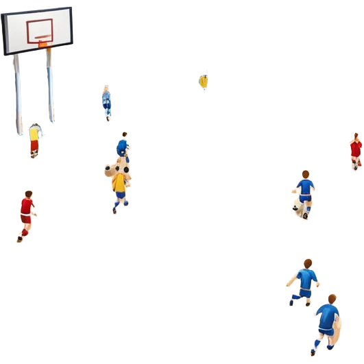 A mini-football match in an indoor sports hall with a wooden floor and clear court markings. The scene captures players in action, with the ball moving towards the goal, and the surrounding bleachers and overhead lights adding to the atmosphere of a competitive game. emoji