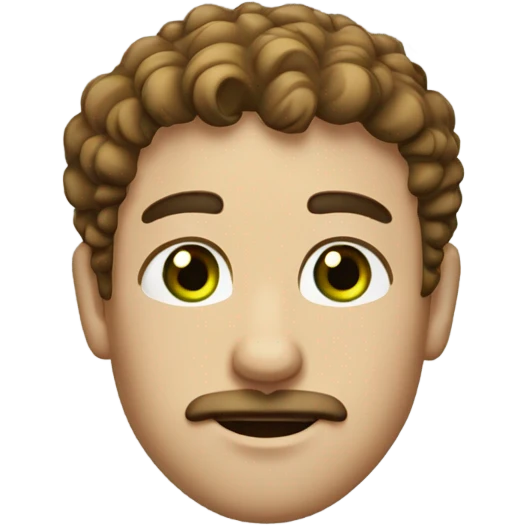 male with short brown curly hair. small green eyes, thick eyebrows, mustache, freckles, large nose and gold earring in left ear emoji
