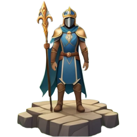An icon featuring a hero with a closed visor, standing in a majestic, mystical landscape, inspired by RPGs like Elden Ring. The design includes a stunning, ethereal background with towering castles and distant mountains, symbolizing the adventure and mystery. Transparent background emoji