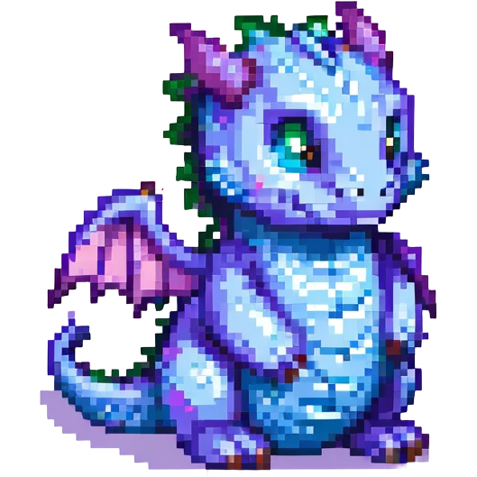pixel art dragon with tiny wings, cute and round, blue and purple emoji