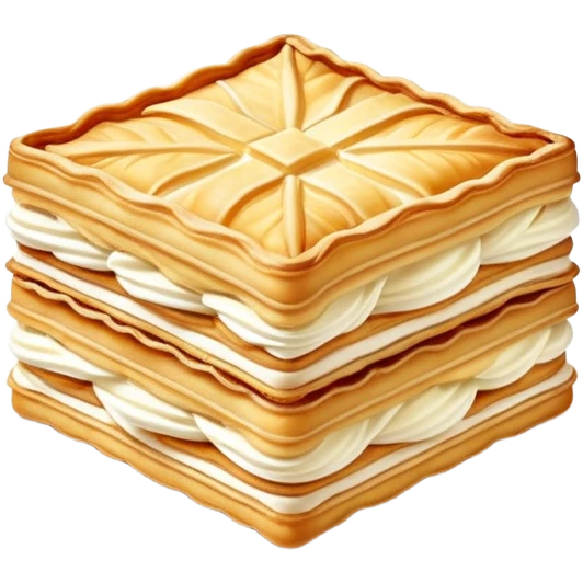 mille-feuille-cinematic-realistic-mille-feuille-dessert-emoji,-depicted-as-a-rectangular delicate-pastry-composed-of-two-crisp-layers-of-puff-pastry-with-a-rich-cream-filling,-rendered-with-intricate-textures-and-elegant,-soft-lighting. Please only show two layers only. emoji