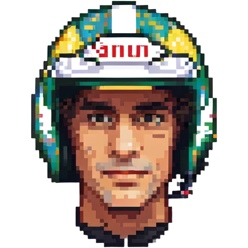 Ayrton Senna, pixel art, Formula One legend, helmet on, classic 16-bit video game portrait, detailed pixels emoji