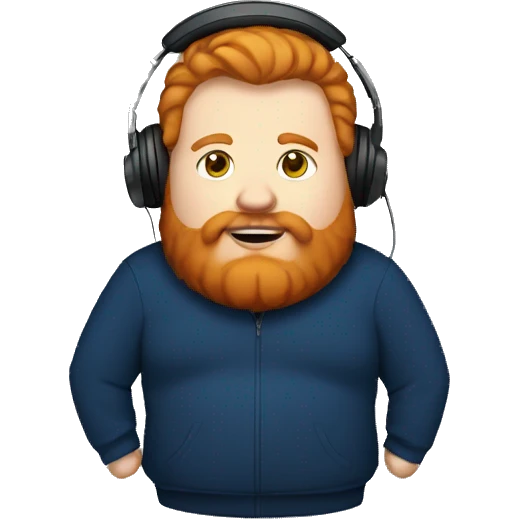 Fat ginger man with a beard wearing a dark blue hoodie with a headset on emoji