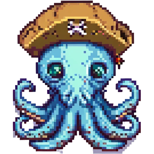 pixel art octopus with pirate hat, scared expression emoji