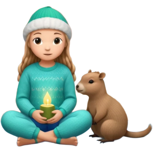 A cute 11-year-old girl with light brown braids in front, wearing emerald green cozy sweater and blue pajama pants, sitting with a fluffy capybara wearing a tiny knitted hat, warm pastel illustration style, soft lighting, Moscow Kremlin spire visible through window in background, 3D render emoji
