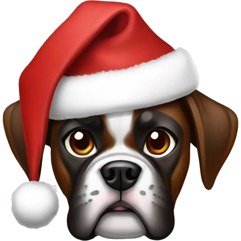 Dark brown streamed boxer dog with Christmas hat emoji