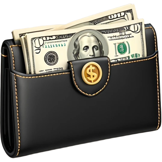 Rich emoji style black leather wallet with dollar bills, luxury money vibe, premium 3D emoji, ultra clean, high detail, no background
 emoji