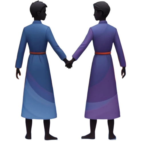 Center composition: Two silhouetted figures standing back-to-back or side-by-side in a circle of calm (soft blues, lavenders, white light)
Around them: Swirling storm energy—abstract shapes, wind lines, chaotic movement in reds, oranges, and dark grays emoji