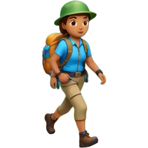 A 3D cartoon hiker walking on a forest trail with flowers and mountains in the distance, bright daylight, Memoji-style. emoji