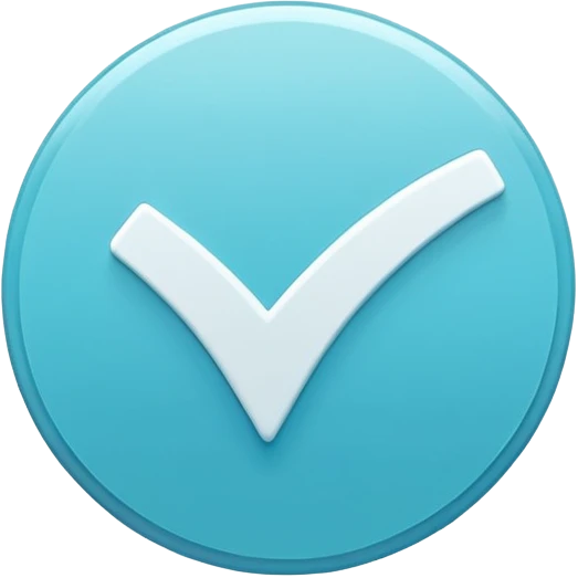Modern emoji-style  verified icon: cyan-blue circular badge, bold white checkmark, smooth gradient, soft glossy highlights, subtle shine, thick white border, minimalist flat + semi-3D style, smooth edges, high contrast, transparent PNG, high quality, sharp. emoji