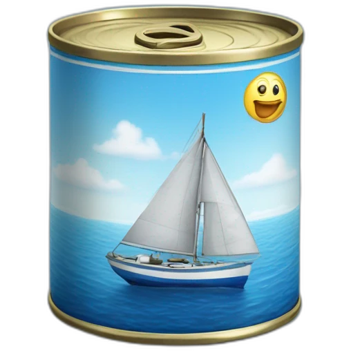 Realistic small can of tuna showing a blue sailing boat emoji