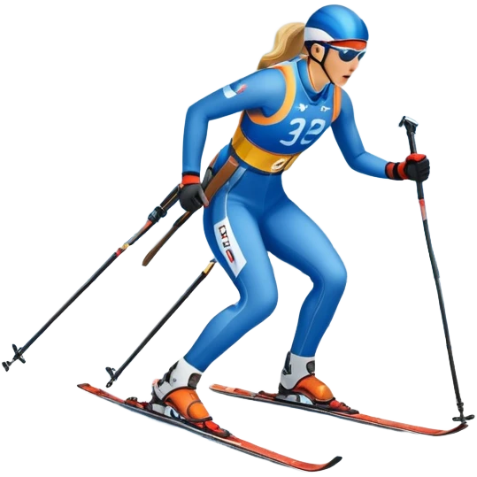 An icon featuring a biathlete in motion, holding a rifle and skiing across a snowy course. The backdrop includes snow-covered trees, distant mountains, and a clear blue sky. Transparent background highlights the precision, endurance, and excitement of biathlon. emoji