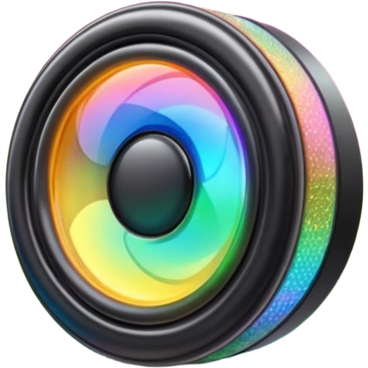 A speaker emoji 🔊 with a smooth CD-like surface that reflects rainbow iridescent colors, glowing RGB light ring around the edge, shiny plastic body, prismatic reflections shifting across the front, soft sparkles and light gleams, holographic sheen, clean simple shape, bright colorful highlights emoji