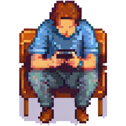 a man hunched over his cell phone, pixel art style emoji