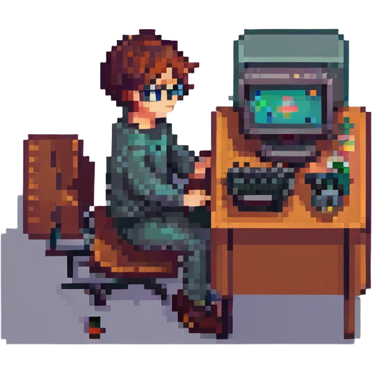 young programmer sitting at a computer, pixel art style emoji