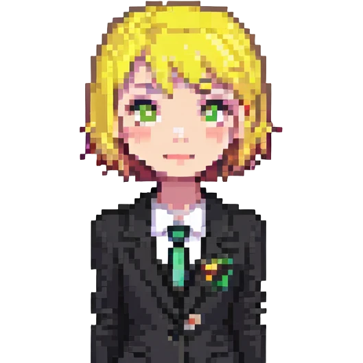 a girl with short yellow hair in a black suit emoji