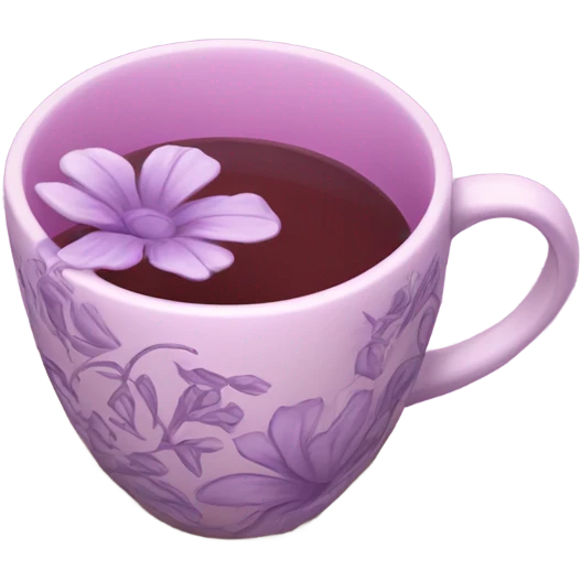 a beautiful aesthetic cup in pastel purple with a floral pattern in dark pink and next to it a love letter in purple  emoji