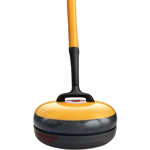 An icon featuring a curling stone in the foreground on an ice sheet with marked target circles. A curling broom rests nearby. In the background, a grand indoor stadium with bright lights and cheering fans. The ice reflects the vibrant colors of the surroundings. Transparent background. emoji