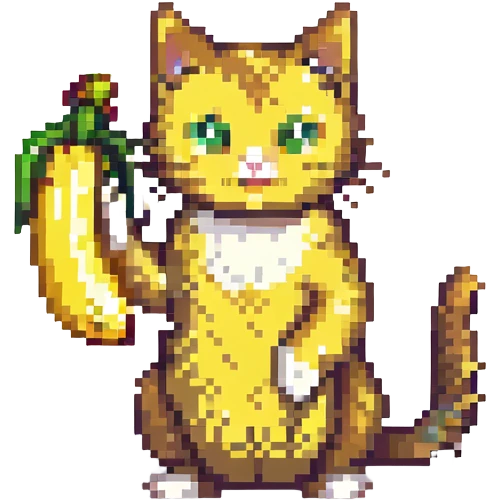 goofy cat with a banana body, pixel art style, bright colors emoji