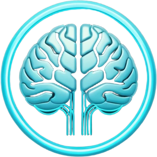 Futuristic neural brain badge icon, minimal glowing brain outline with neon cyan neural lines, small electric spark detail, circular game emblem, sci-fi web3 style, dark background, 3D polished game asset, sharp and high detail, centered composition emoji