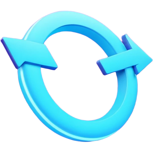 Circular loop arrow in Virtuosa style: smooth rounded shape forming a full loop, neon blue (#00A9F4) and violet (#9A1AFF) glow, futuristic 3D look, friendly and modern. No text. Full background. emoji