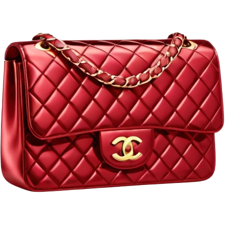 Isolated 3d rendering, ultra sparkly red metallic foil appearance, Chanel bag, 14k gold details emoji