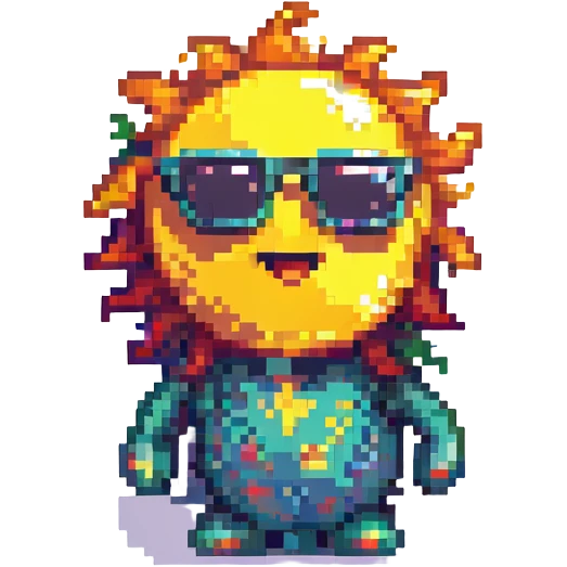 The Sun as a DJ, wearing sunglasses, playful and energetic, pixel art style emoji