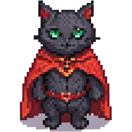 black cat with devil horns and a cape, pixel art style emoji