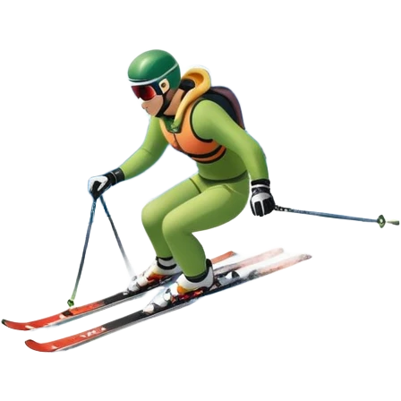 An icon featuring snowy peaks, pine trees, and a picturesque mountain landscape with a skier racing down a snow-covered slope, The sky is blue with soft clouds, capturing the thrill and beauty of alpine skiing. Transparent background highlights the excitement and serenity of winter sports. emoji