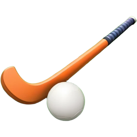 A field hockey stick and ball on a vibrant green grass field, with goalposts and clear field markings in the background. The scene emphasizes the bright, lush grass, highlighting the fast-paced and strategic nature of hockey on a well-maintained pitch. emoji