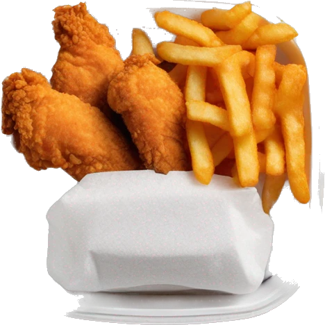 3 chicken tenders with crinkle fries and orange sauce on the side in a styrofoam container styrofoam container emoji