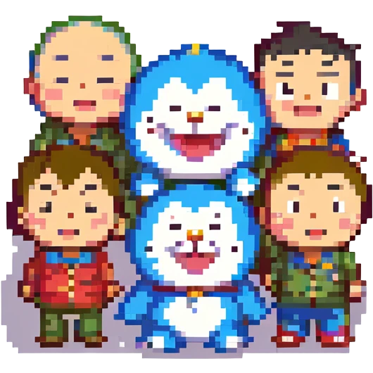 Add Nobita to the group with Doraemon and Shinchan in pixel art style, cheerful expression, no background, simple and colorful pixel design. emoji