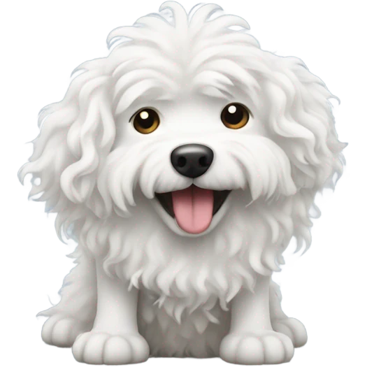 White curly fluffy dog doing a poo emoji