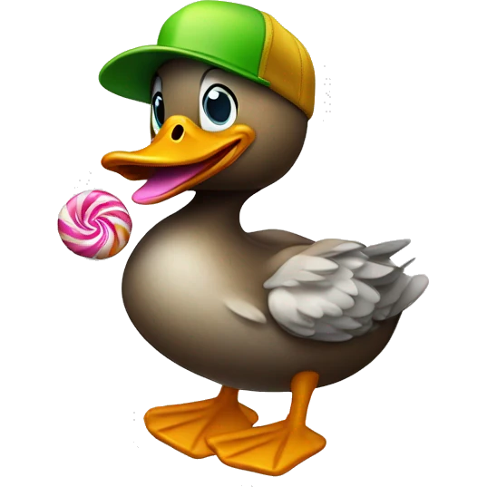 Duck wearing a trucker hat eating a candy caen emoji