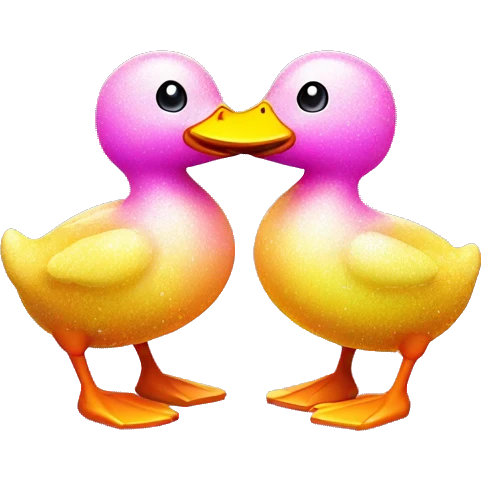 Two Kawaii Neon glitter ducks standing under a rainbow emoji