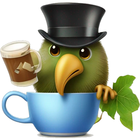 kiwi bird in top hat holds mug with mind power emoji