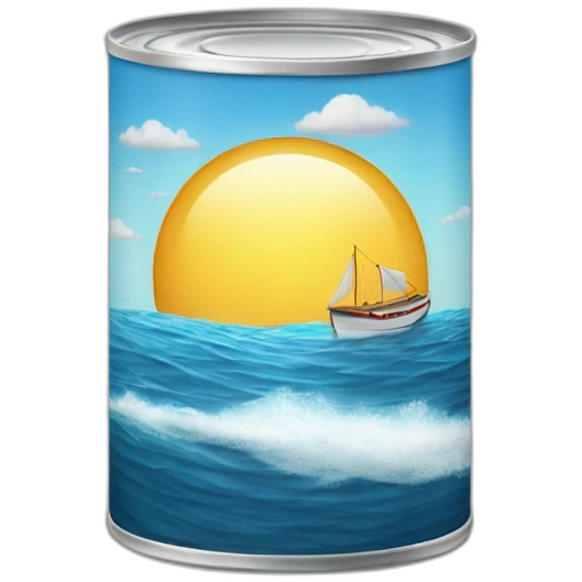 realistic can of tuna fish sowing the shape of a sailling boat on a sea background emoji