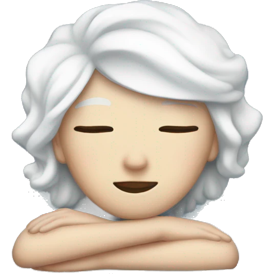 white female with white hair with a blue bow asleep on a blue/white bed emoji