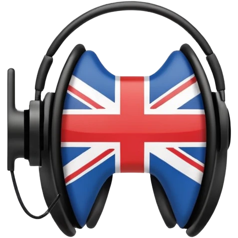 Minimalistic flat vector icon, iOS style, thin black contour on white background. Ear icon with sound waves and small UK/USA flag symbol. Clean, no text, no shadows emoji